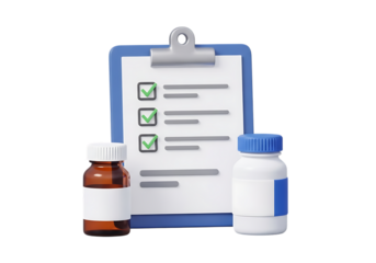 3d render of a medical clipboard with a checklist and two medicine bottles, isolated on transparent background