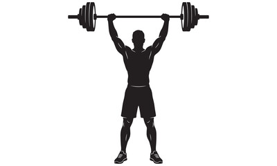 Strong Weightlifter Silhouette. Vector Illustration of Man Lifting Heavy Barbell Overhead