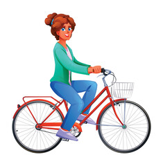 Young woman with curly hair riding city bicycle with front basket. Vector cartoon character illustration