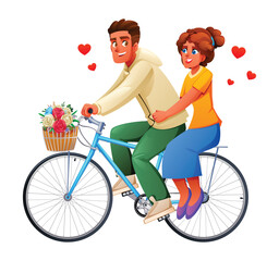 Happy young couple with flower basket riding bicycle together with hearts. Vector cartoon illustration