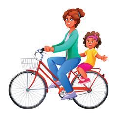 Mother riding bicycle with her young daughter waving from the back seat. Vector cartoon character illustration