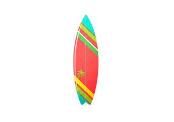 A colorful, cartoon surfboard featuring a palm tree design, isolated on transparent background