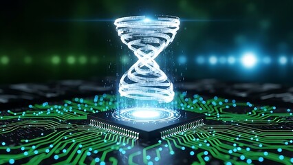 Glowing digital hourglass on microchip with circuit board background
