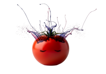 A surreal red tomato with closed eyes and a vibrant liquid splash crown isolated on transparent background