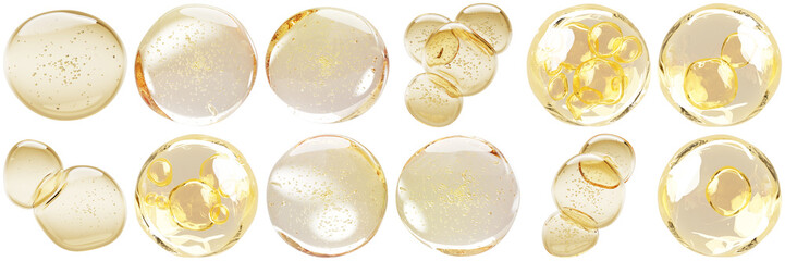 realistic 3d render of various golden oil drops and transparent bubbles, some clustered or...