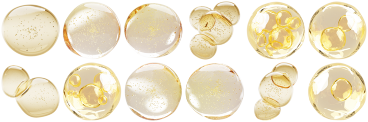 realistic 3d render of various golden oil drops and transparent bubbles, some clustered or containing smaller spheres.