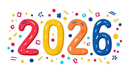 Fototapeta premium A vibrant, colorful illustration of the year 2026 with confetti and a white background