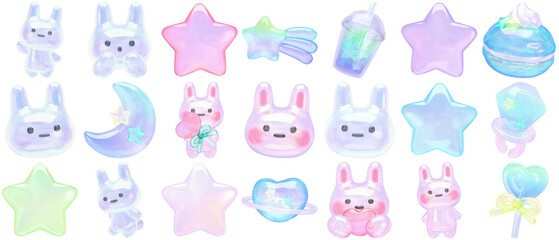 adorable pastel collection of cute bunny characters, stars, moon, and sweets in a whimsical 3d illustration style, isolated on black.