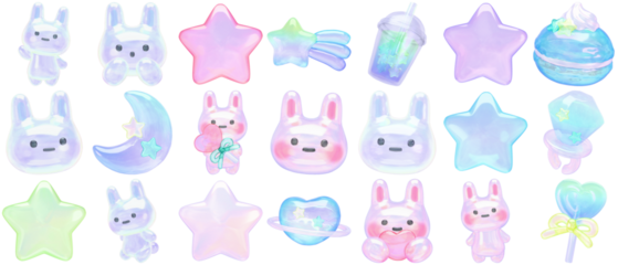 adorable pastel collection of cute bunny characters, stars, moon, and sweets in a whimsical 3d illustration style, isolated on black.