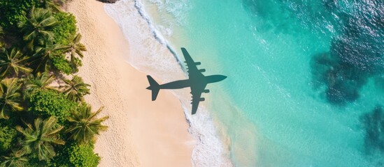 Aerial view of a tropical beach with an airplane shadow