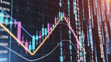 Dynamic Digital Financial Market Analysis: Glowing Candlestick Charts & Binary Code Representing Global Business Data and Technology Trends - Powered by Adobe