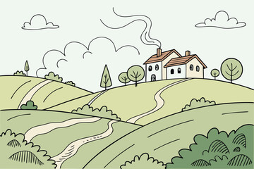 Landscape with village houses on hill continuous one line drawing line art
