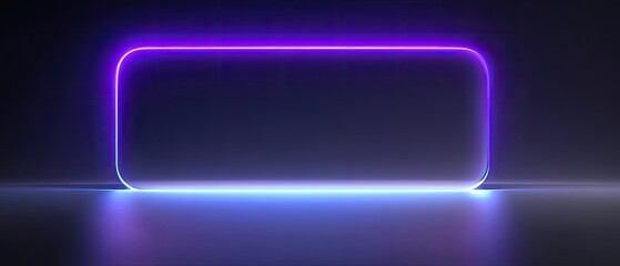 Glowing neon rectangle, rounded edges, reflected on a dark surface, vibrant violet and blue gradient
