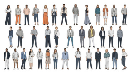 Diverse group of people standing together in various attire and poses against a white background