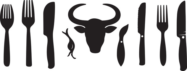 A black and white vector illustration features a fork and knife combined with a wild bull skull silhouette and cattle horns as a farm animal symbol isolated on white