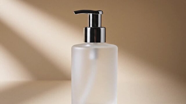 Frosted Pump Bottle with Metallic Dispenser on Beige Background