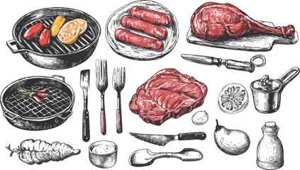 Isolated collection of fresh raw beef steak, chicken, and sausage gourmet meal set with healthy vegetables and red meat slices on a white background