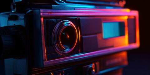 Close-up view of retro camera with vibrant neon lights