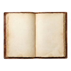 Open vintage leather bound book with blank parchment pages