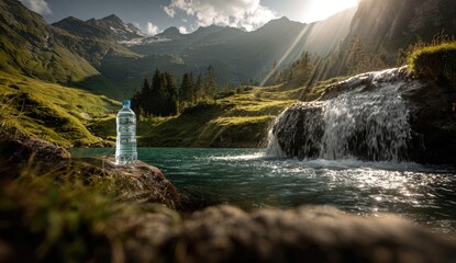 Scenic mountain landscape featuring a small waterfall, sunlight, and a bottle of clear water