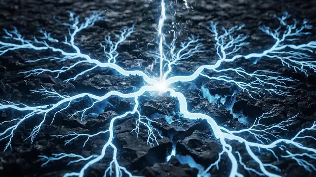 Electric blue lightning crackling across dark volcanic rock with glowing energy veins branching from central strike, electric arc impact and luminous blue texture radiating dramatic high contrast