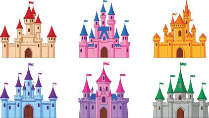 Colorful fairy tale castle vector set with fantasy palace illustrations for kids storybooks, princess themes and magical adventures © Kharshad Creative