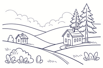 Rural landscape continuous one line vector drawing. 