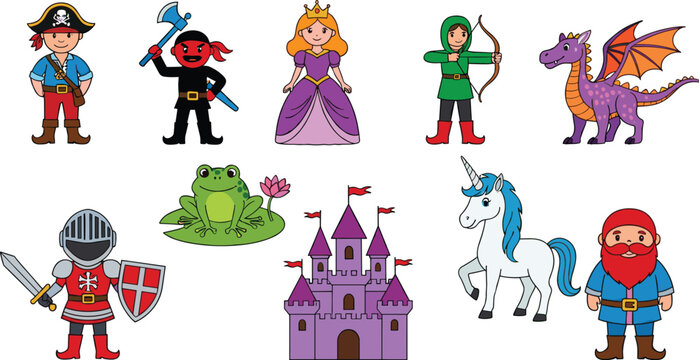 Fairy tale character vector set with princess, pirate, knight, archer, dragon, unicorn, castle and magical fantasy creatures