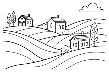 Landscape with village houses on hill. Continuous one line drawing