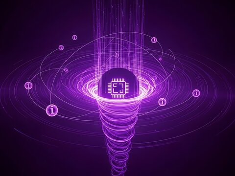 Vibrant purple digital vortex with glowing microchip and swirling data streams - Powered by Adobe
