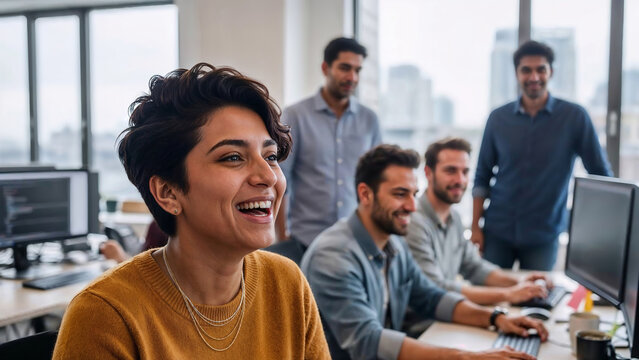 Happy businesswoman laughing with diverse male colleagues in modern tech office startup - Powered by Adobe