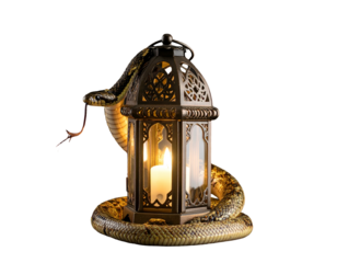 Serpent coils around a candlelit, ornate lantern against a black background