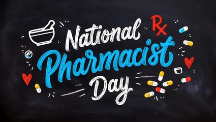 national pharmacist day with pills mortar and pestle and heartfelt decorations