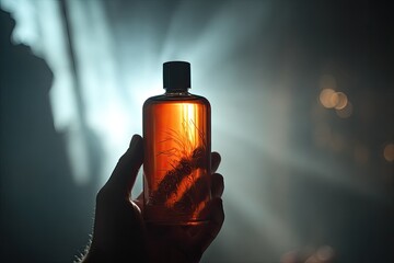 Close-up of a hand holding a bottle with an amber liquid and wheat stalks inside, backlit
