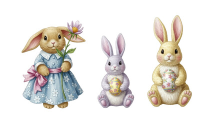 Fototapeta premium Adorable easter bunnies with eggs and flowers isolated on transparent background