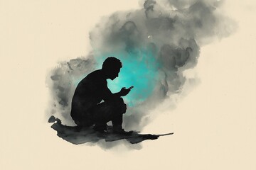 Obraz premium Conceptual watercolor silhouette crouching over a smartphone with abstract dark cloud textures, representing anxiety, information overload, and compulsive scrolling.