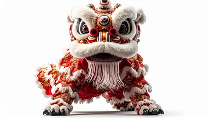 Realistic Barongsai lion dance, full figure, intricate fabric textures, ornate headpiece, isolated on white background, cinematic lighting, ultra-realistic, stock-ready.