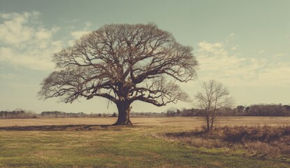 Expansive field dominated by a large, bare tree under a partly cloudy sky
