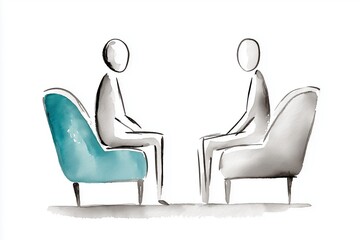 Clean watercolor illustration of two anonymous figures sitting in armchairs and talking, suitable for themes of counseling, coaching, mediation, or support.