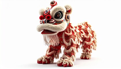Realistic Barongsai lion dance, full figure, intricate fabric textures, ornate headpiece, isolated on white background, cinematic lighting, ultra-realistic, stock-ready.