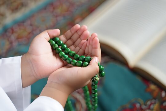 Peaceful Ramadan portrait of a Muslim child praying with tasbih beads, hands raised in dua, soft light, sacred atmosphere, Islamic faith, devotion, spirituality, tradition.