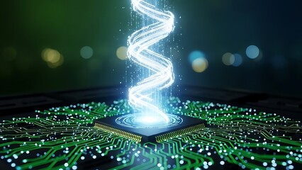 Microchip with glowing DNA spiral on circuit board background