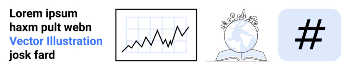 Obraz premium Graph with rising trend, globe sprouting plants on open book, and metadata tag symbol combine analytics, global education, social media trends. Ideal for business, analytics, education