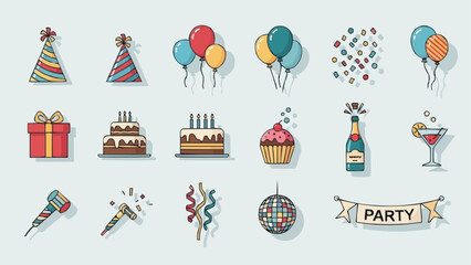 Collection of party celebration icons and symbols.