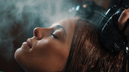 Medium shot of a client receiving thermal hair care with steam and heat application focusing on the rejuvenation process and shiny healthy hair transformation.