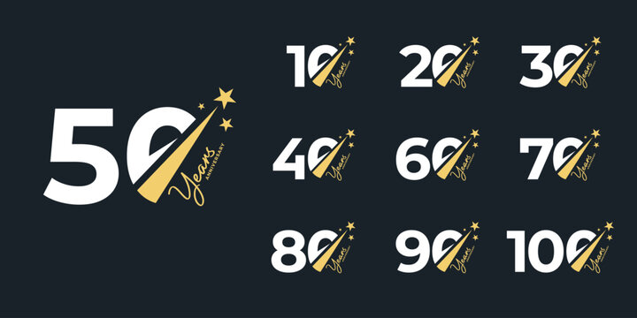Set of a 10 to 100th Anniversary logotype design with Star vector illustration. Symbol icon for celebration moment, wedding, greeting card, and invitation.