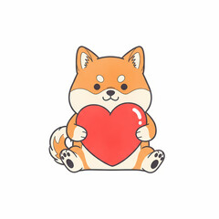 Cute Shiba Inu Dog Holding Red Heart - Kawaii Cartoon Puppy Illustration