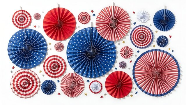 Festive red white and blue paper fan decorations on a white background