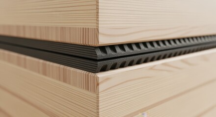 Closeup on the rubber vibration isolation pads between CLT staircore prefab lift elements highlighting noise reduction and user comfort innovations.