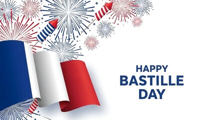 Happy Bastille Day celebration banner with French flag and festive fireworks illustration